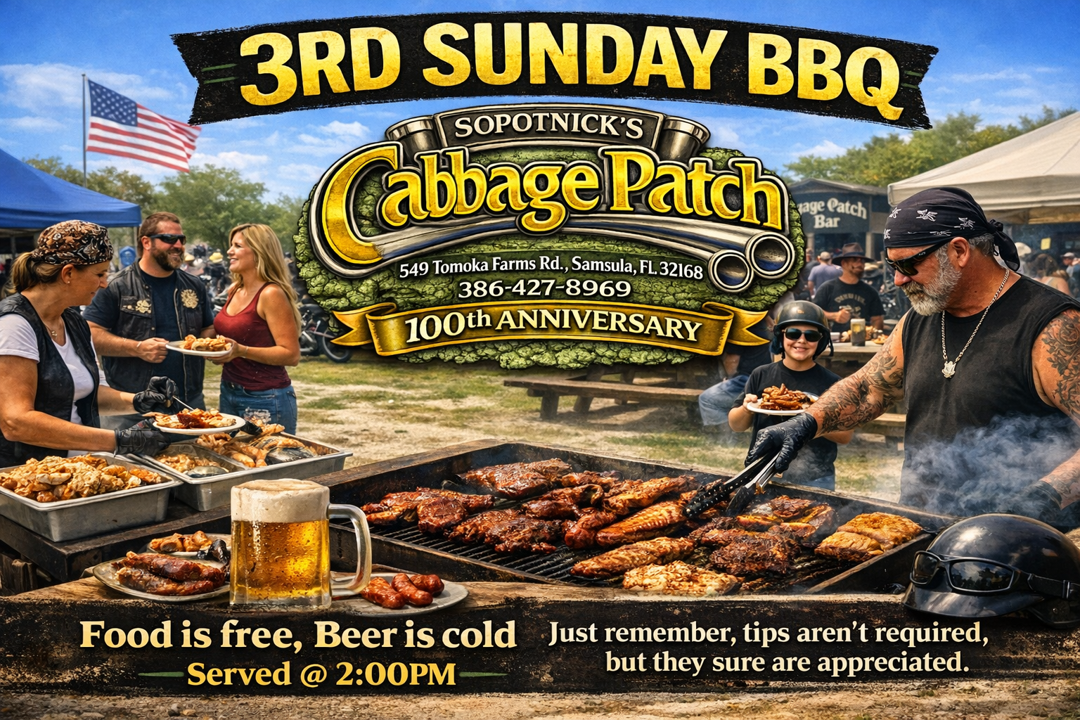 Outdoor daytime BBQ party at the Cabbage Patch Bar with bikers, families, motorcycles, and a grill full of smoked ribs and chicken for the 3rd Sunday BBQ event.