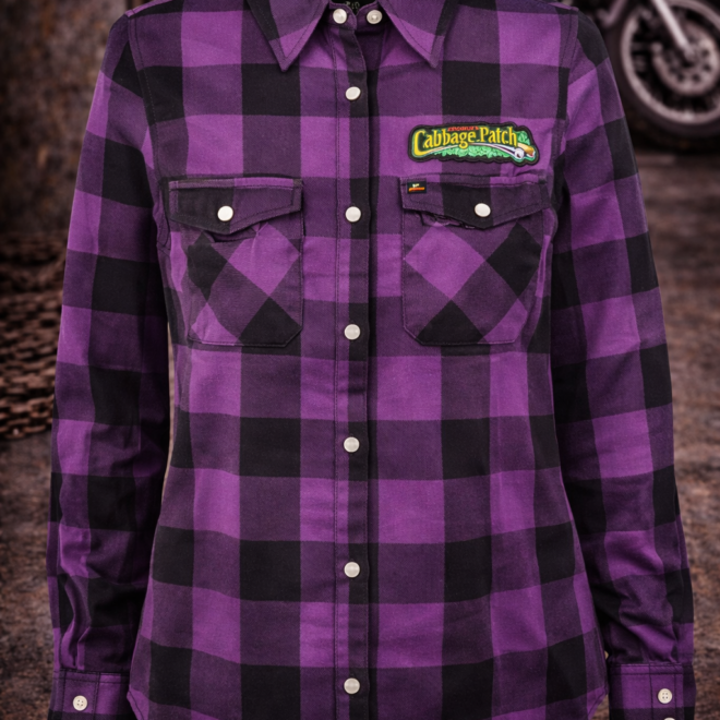 Cabbage Patch Signature Logo Women’s Flannel Shirt – Purple & Black Plaid
